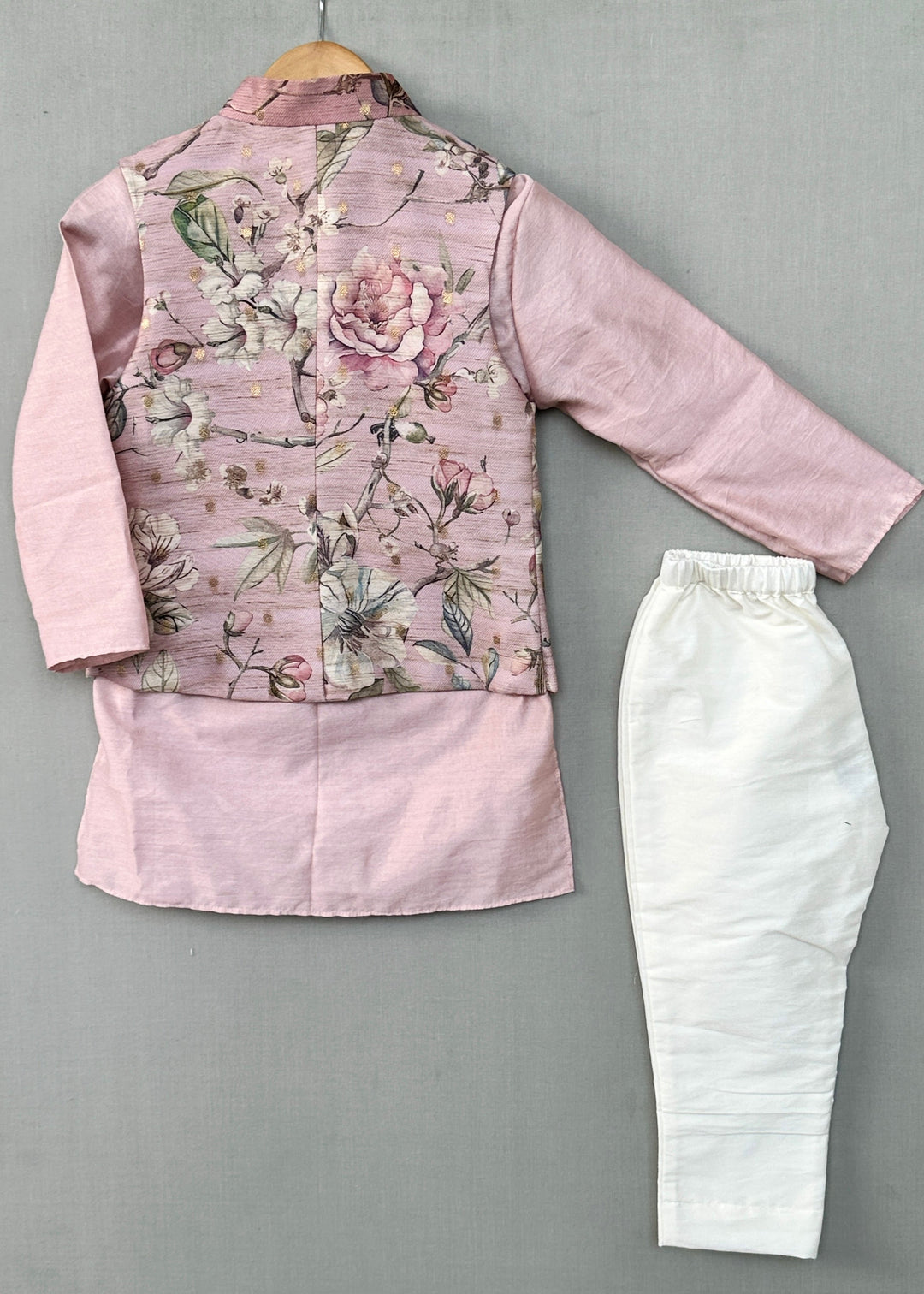 Pastel Pink Floral Nehru Jacket With Kurta Pant Set
