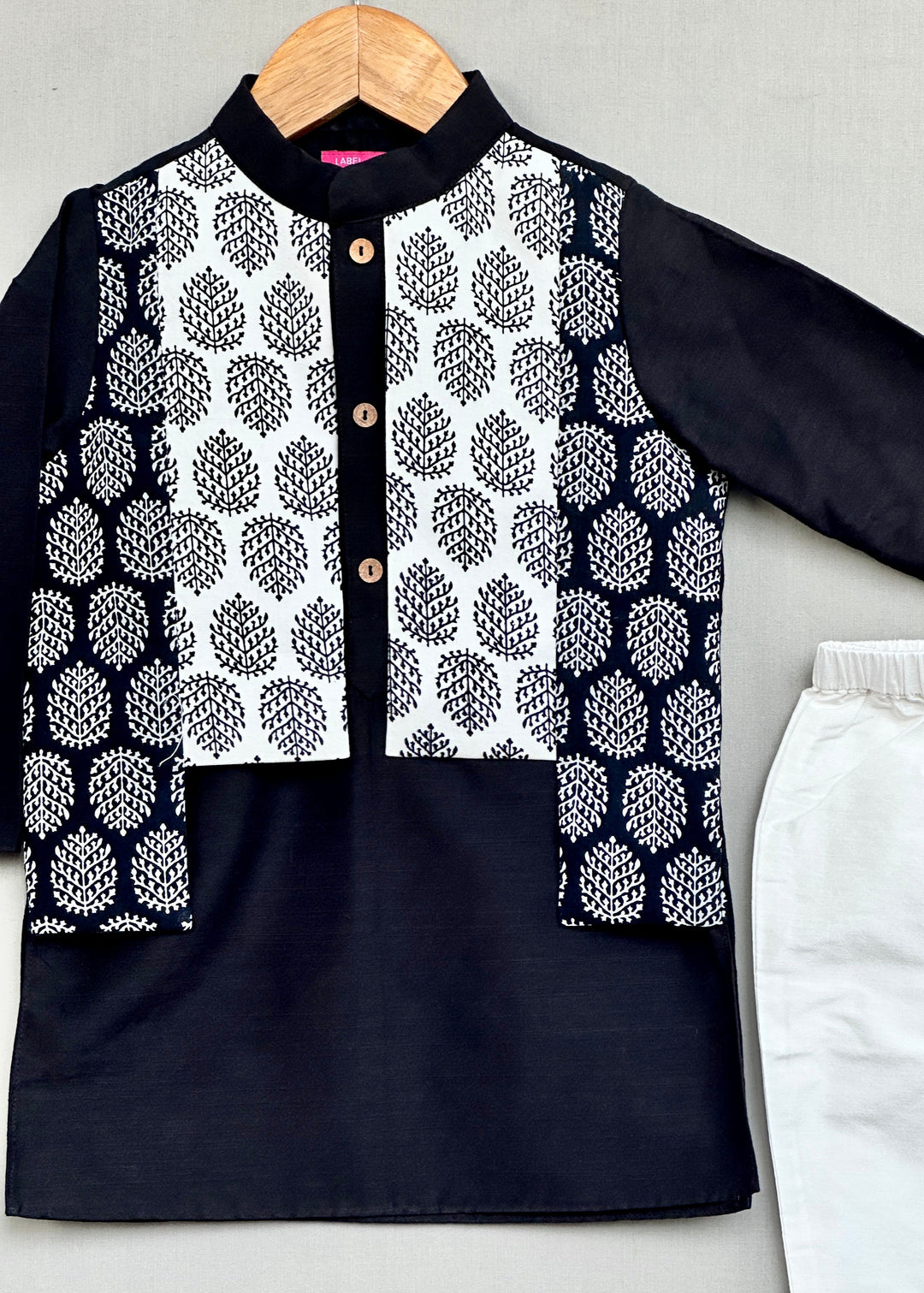 Black Block Kurta With Printed Attached Jacket and Pant Set