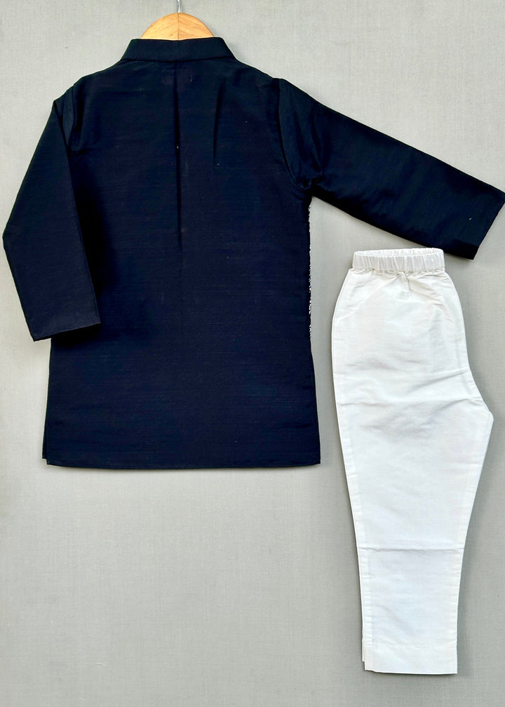 Black Block Kurta With Printed Attached Jacket and Pant Set