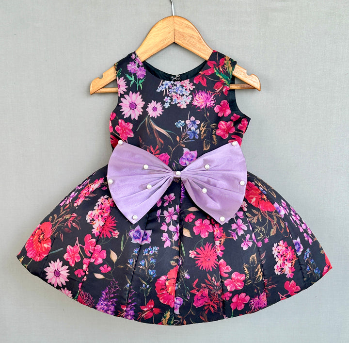 Black And Pink Floral Organza Printed Signature Flared Dress