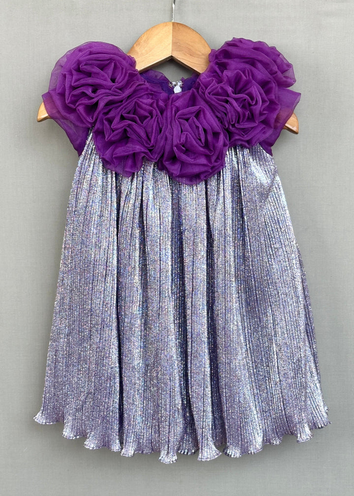 Purple Shimmer Metallic Pleated With 3D Floral Bodice Dress