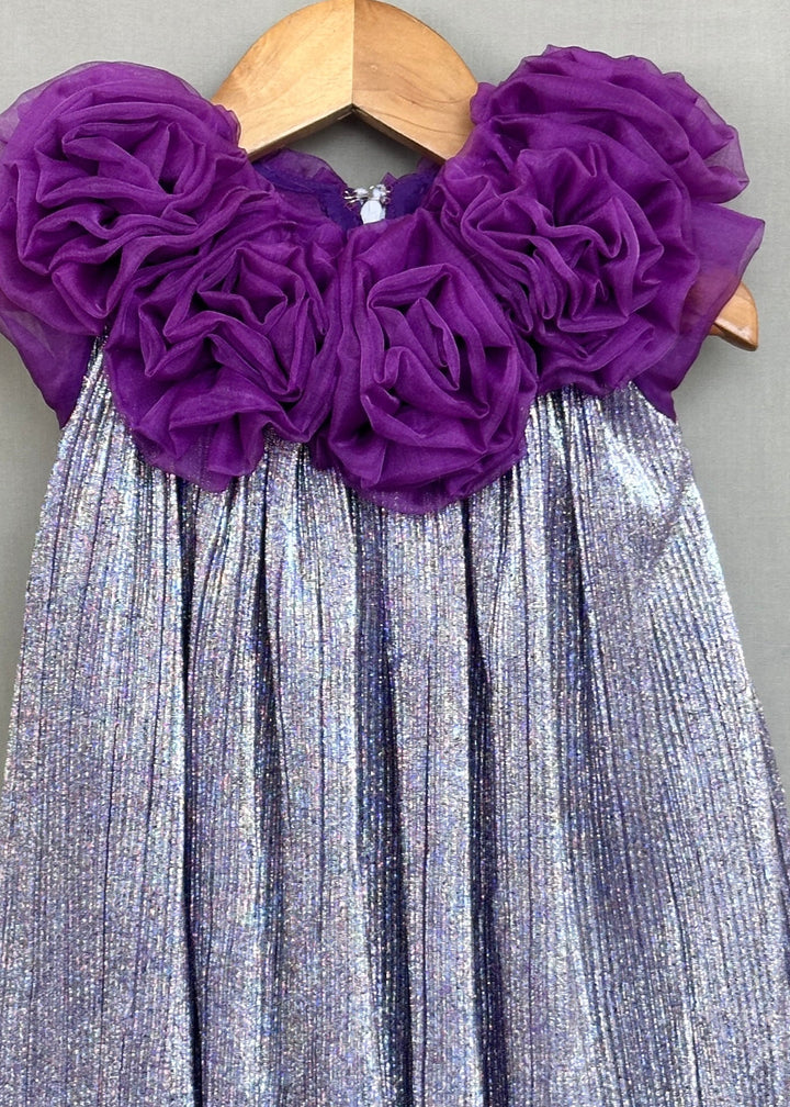 Purple Shimmer Metallic Pleated With 3D Floral Bodice Dress