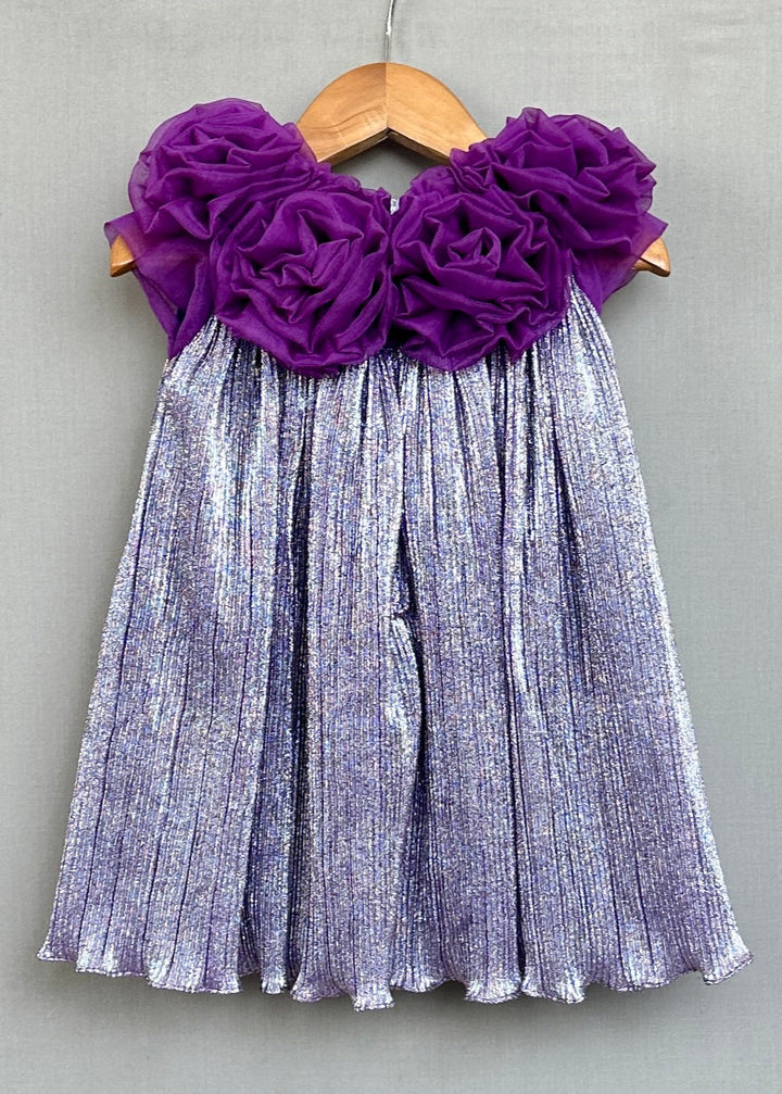 Purple Shimmer Metallic Pleated With 3D Floral Bodice Dress