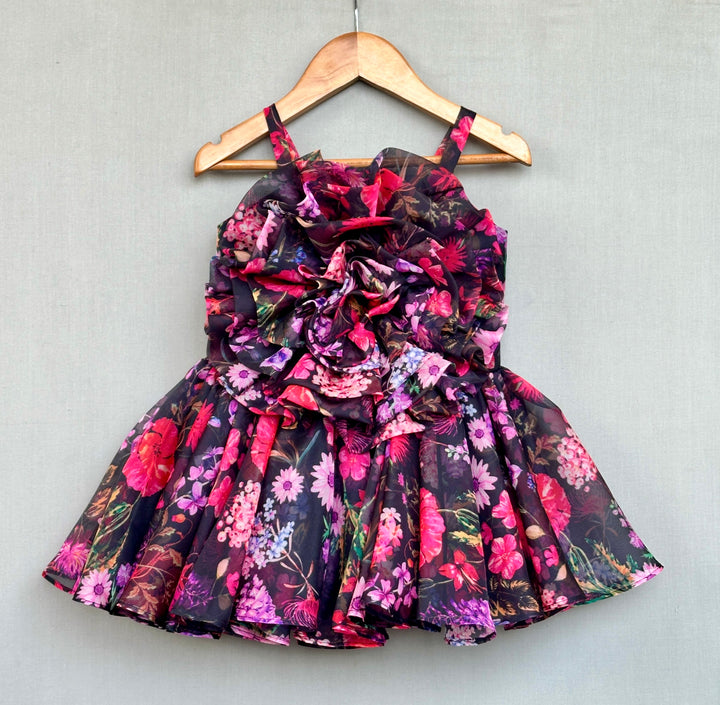 Black Organza 3D Flower Applique Sleeveless Dress