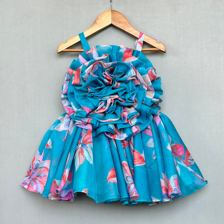 Turquoise Organza Floral With Ruffle Bodice Dress