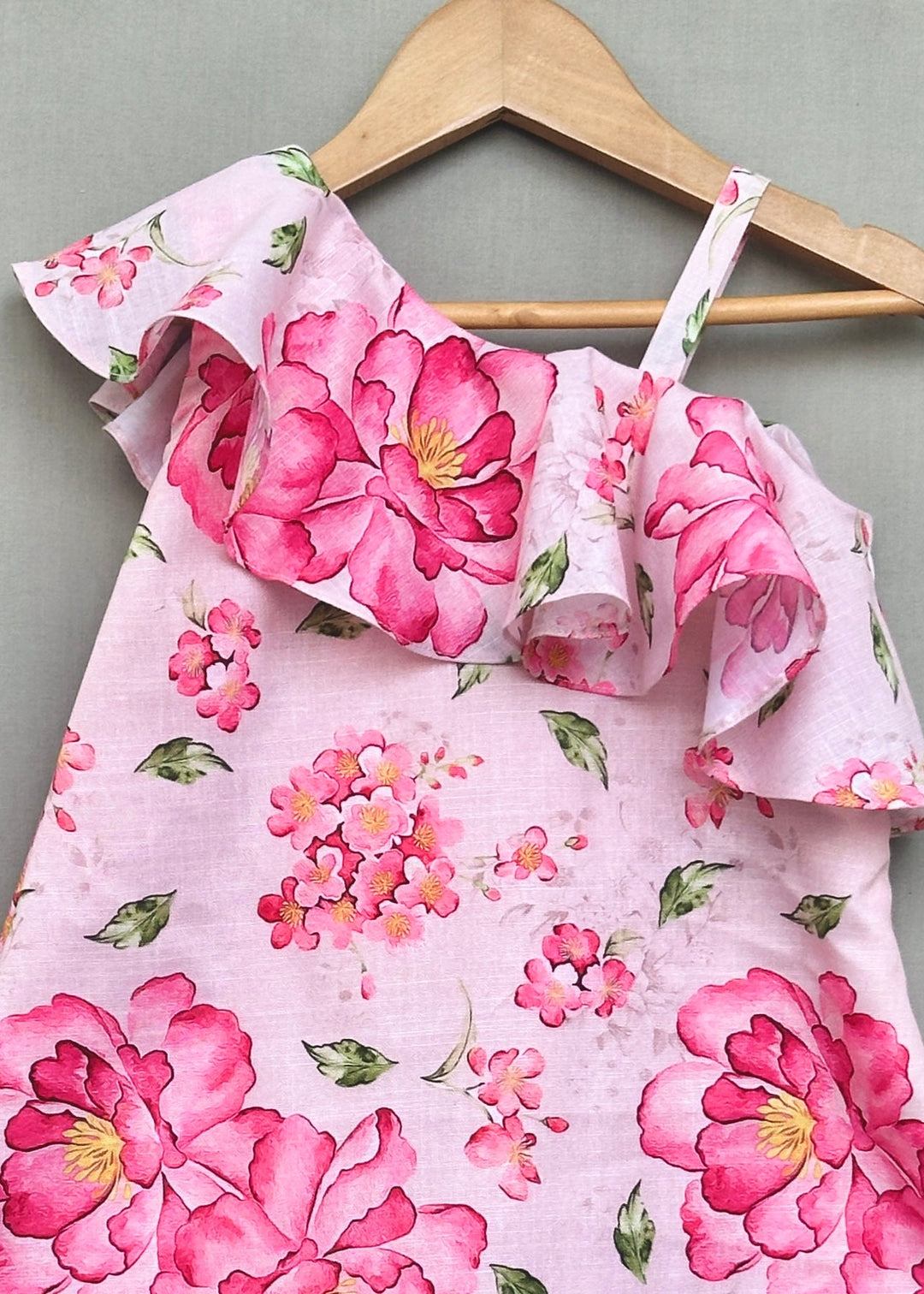 Light Pink Floral One Shoulder Linen Dress