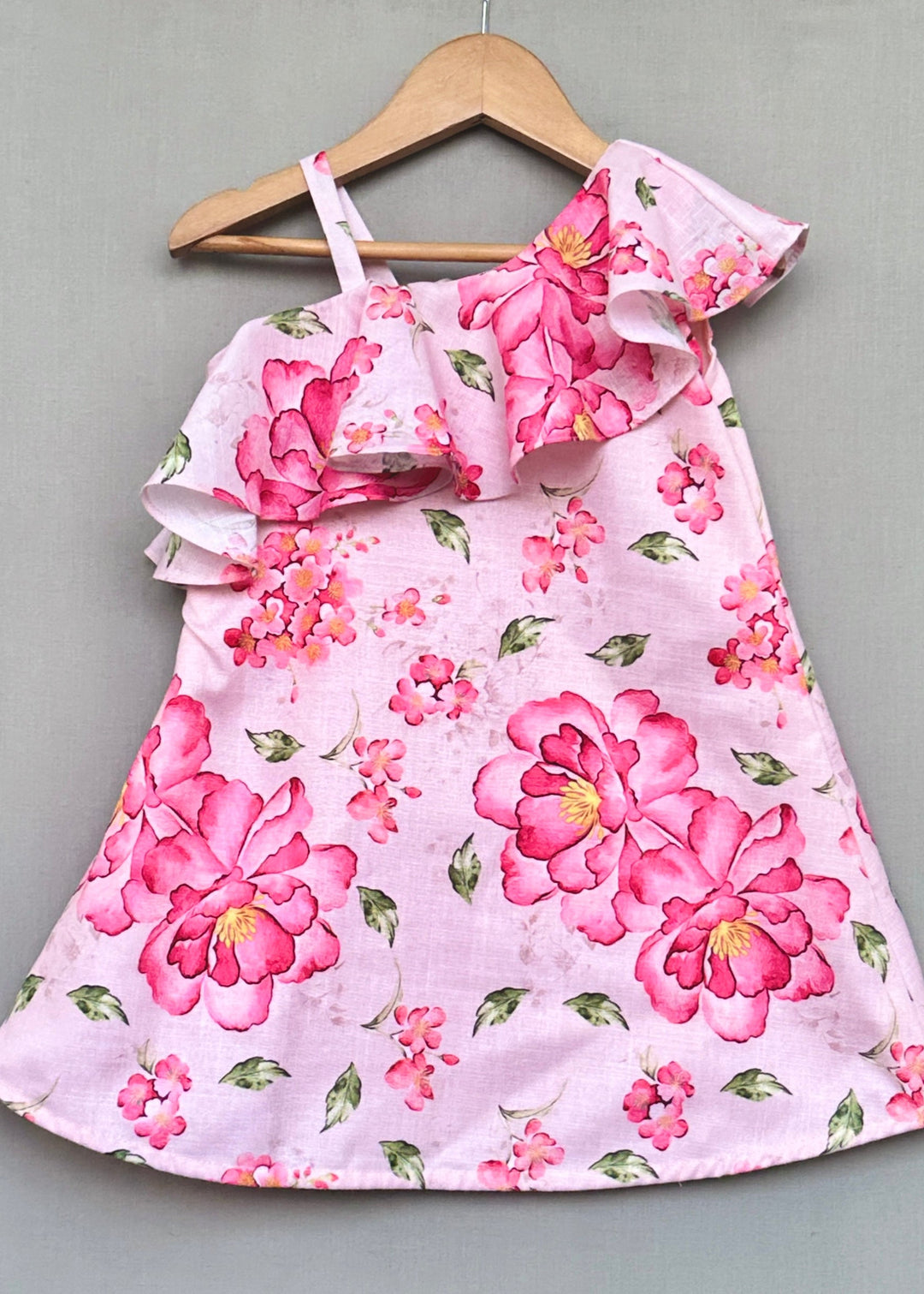 Light Pink Floral One Shoulder Linen Dress