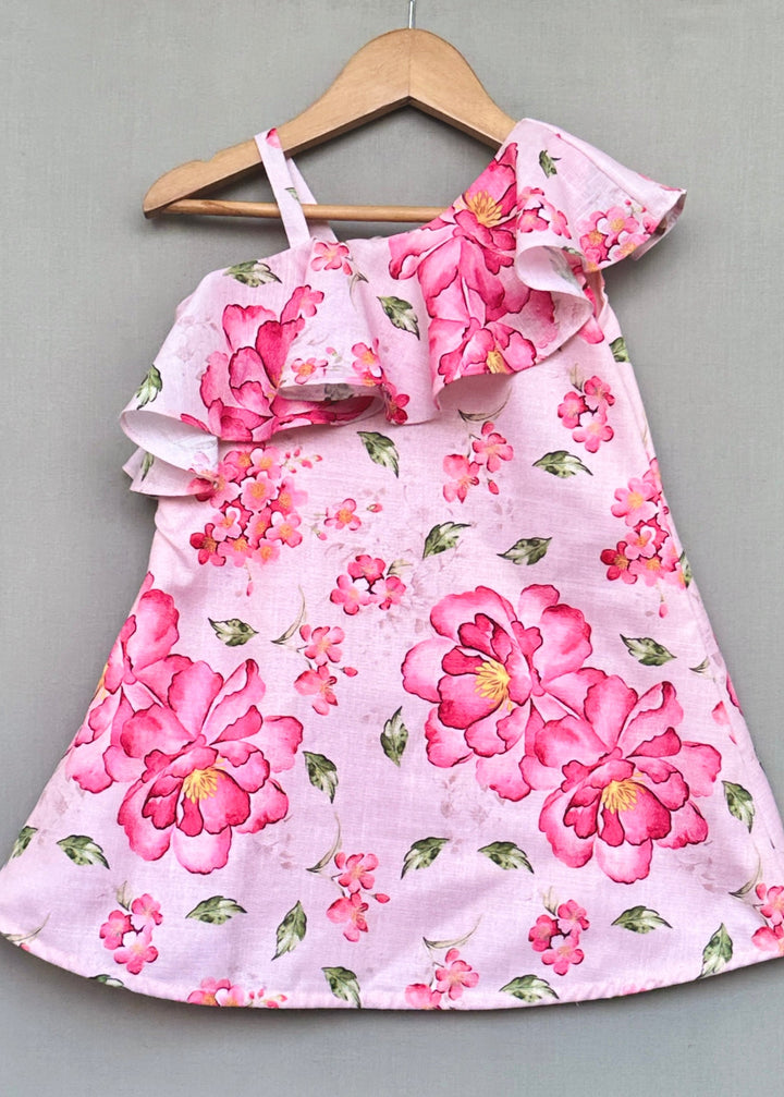 Light Pink Floral One Shoulder Linen Dress