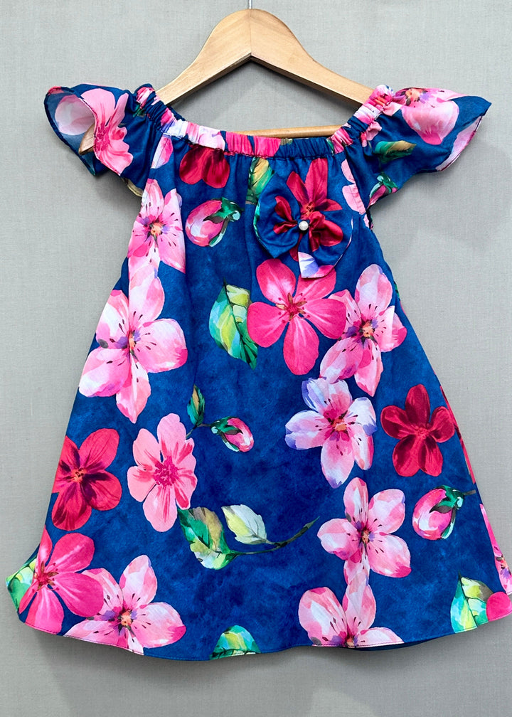Navy Blue Floral Printed Frill Dress
