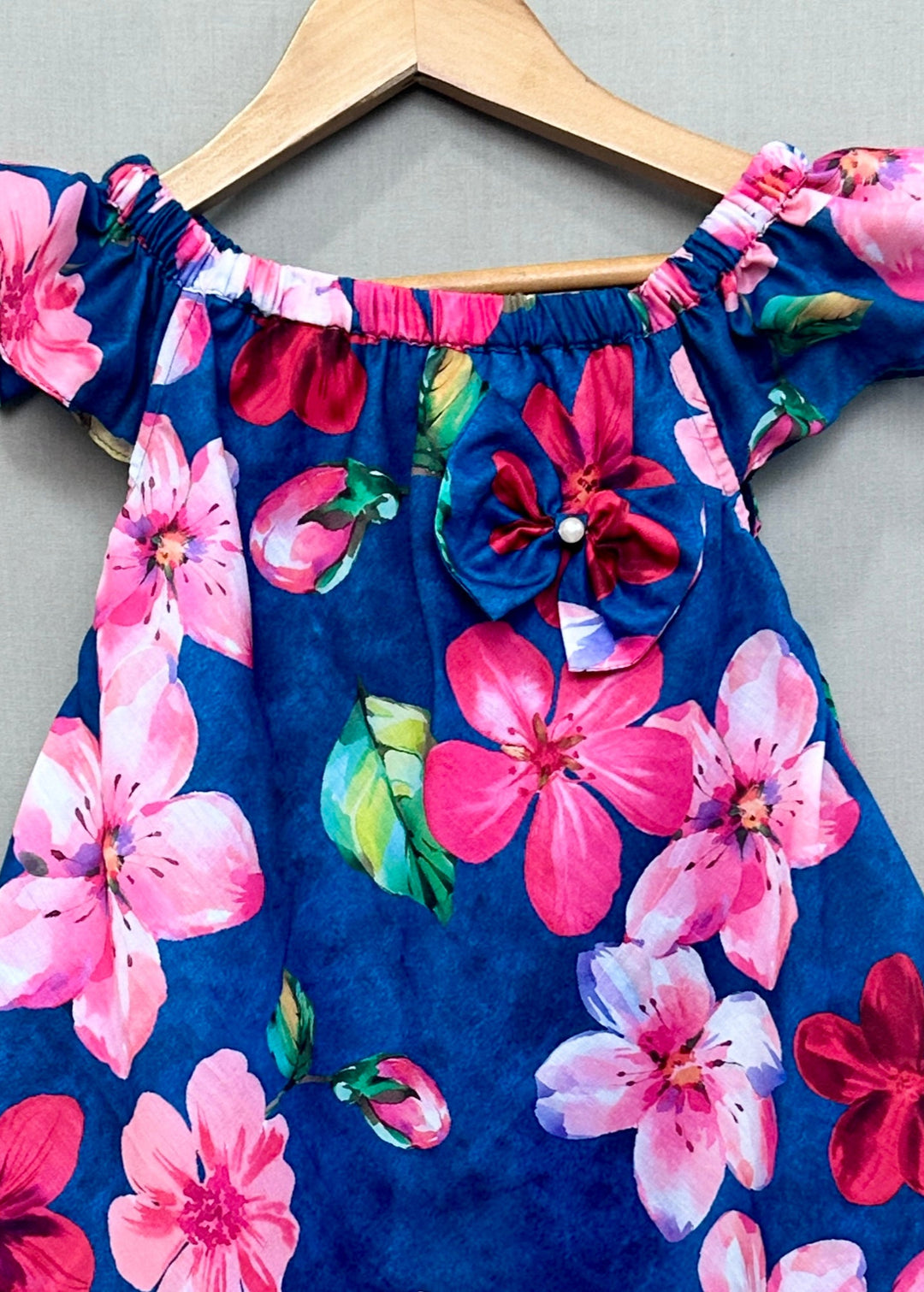 Navy Blue Floral Printed Frill Dress