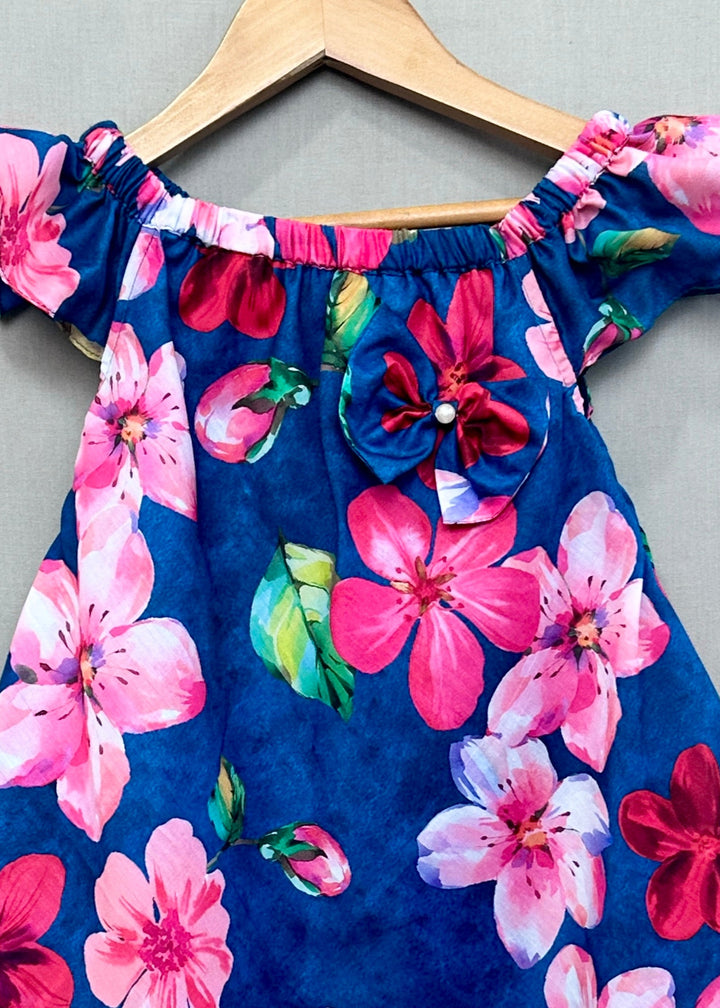 Navy Blue Floral Printed Frill Dress