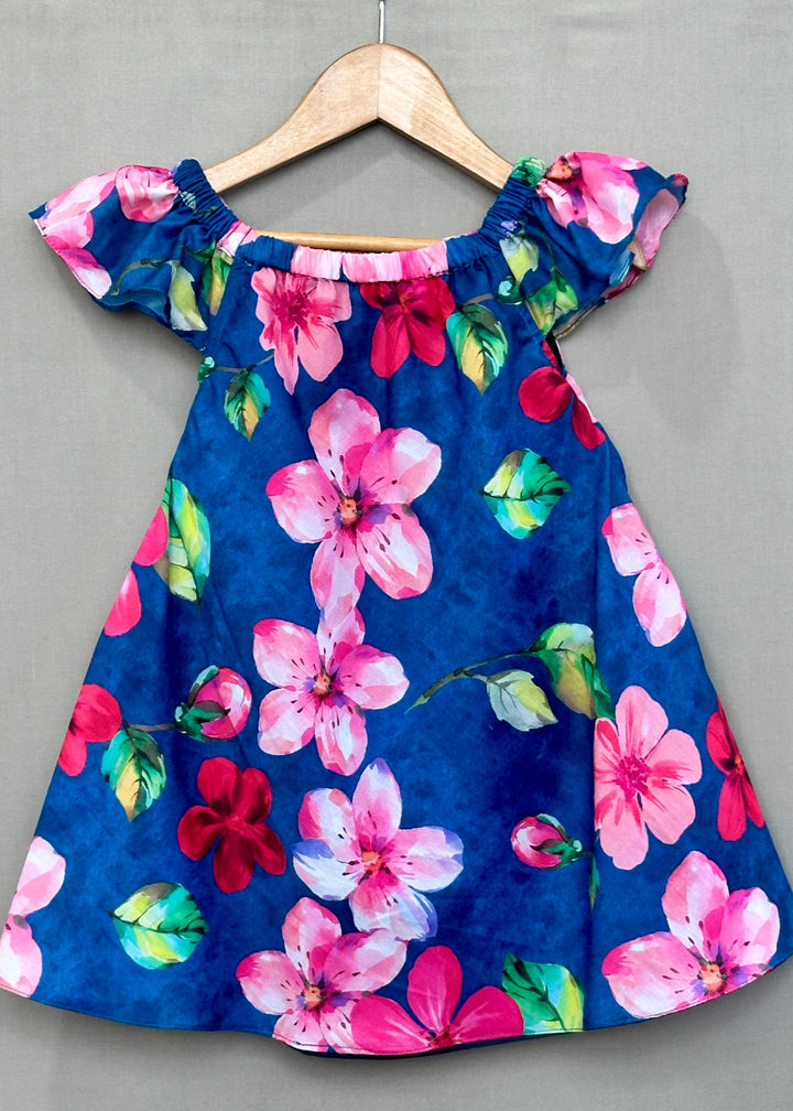 Navy Blue Floral Printed Frill Dress