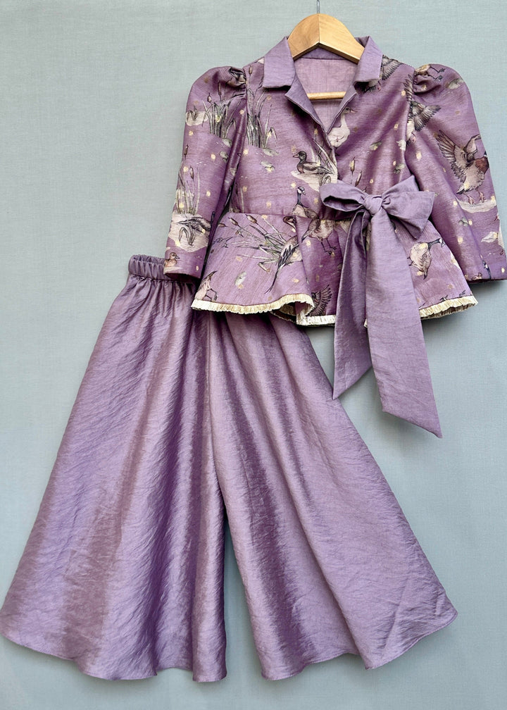 Lavender Bird Printed Peplum Top With Palazzo Set