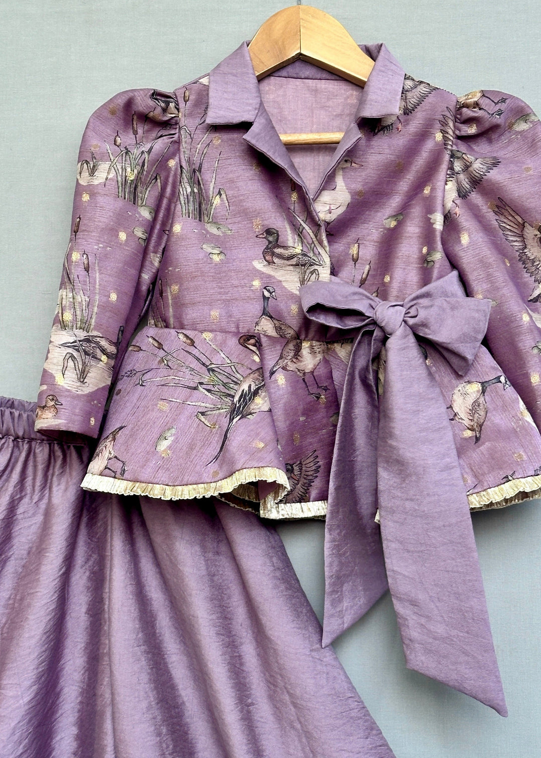 Lavender Bird Printed Peplum Top With Palazzo Set