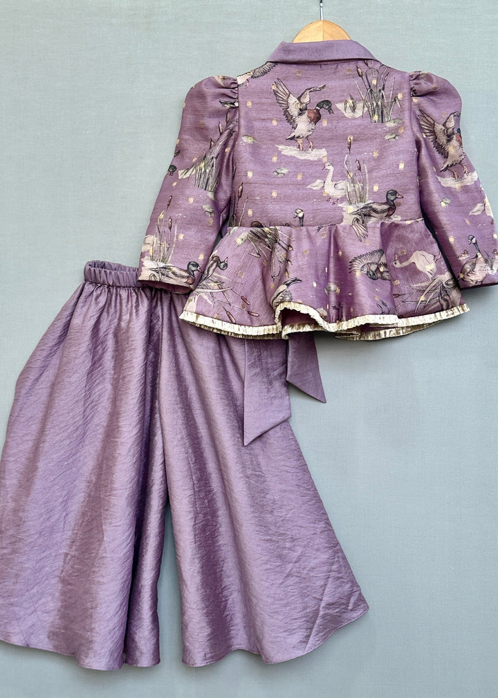 Lavender Bird Printed Peplum Top With Palazzo Set