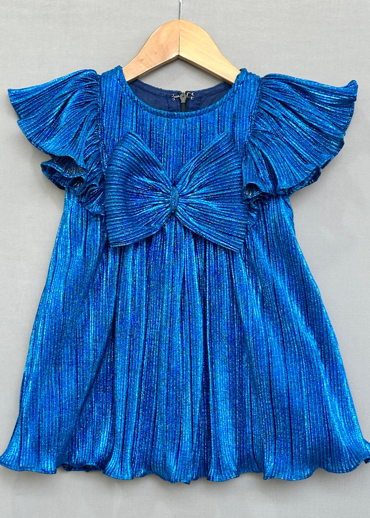 Royal Blue Metallic Pleated With Oversized Bow Dress