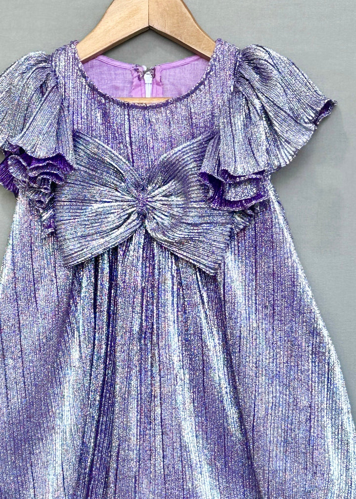 Purple Metallic Pleated With Oversized Bow Dress