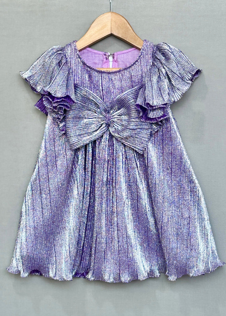 Purple Metallic Pleated With Oversized Bow Dress