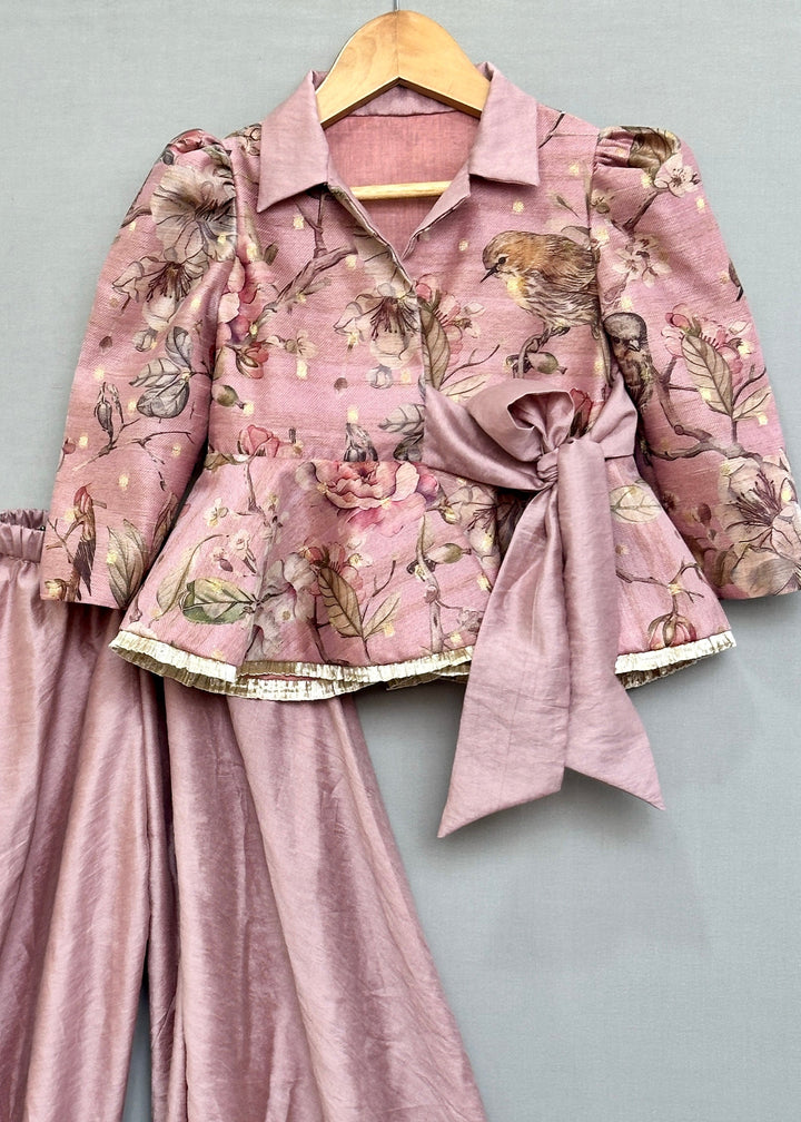 Dusty Rose Floral and Bird Print Peplum Top with Palazzo Set