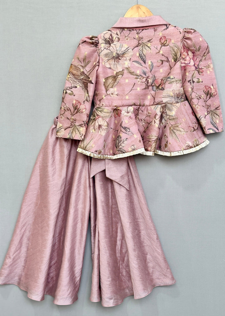 Dusty Rose Floral and Bird Print Peplum Top with Palazzo Set