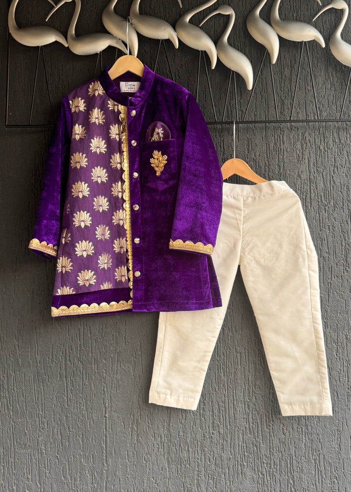 Purple Velvet Lotus Digital Printed Kurta With Pyjama Set