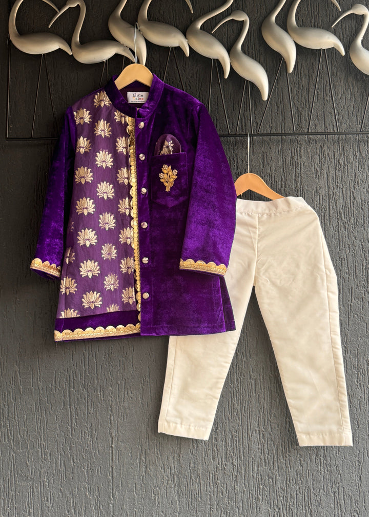 Purple Velvet Lotus Digital Printed Kurta With Pyjama Set