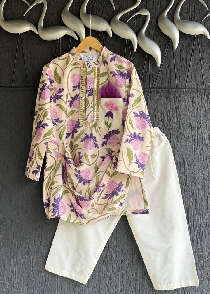 Off White Purple Floral Printed Cowl Kurta With Pyjama Set