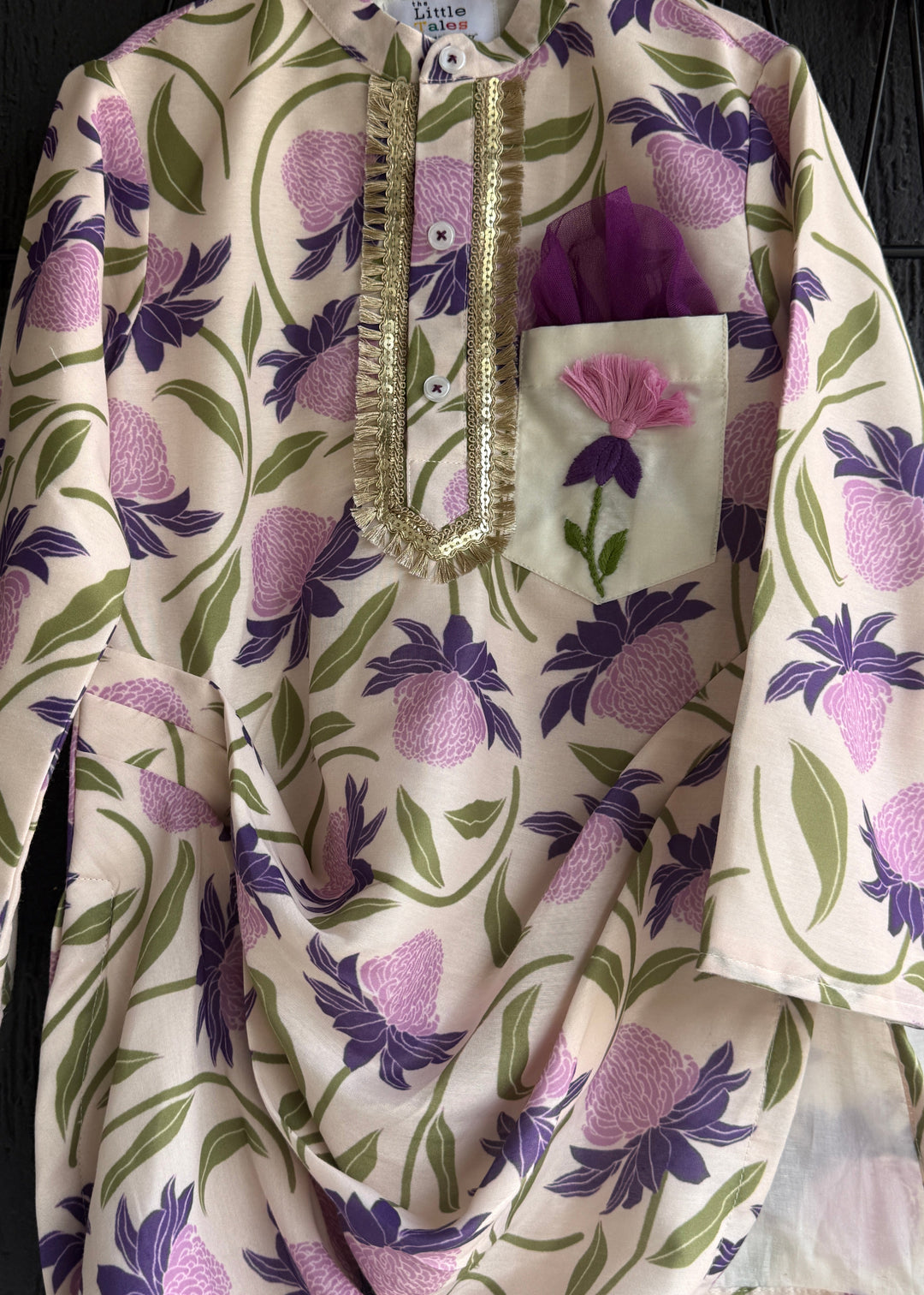 Off White Purple Floral Printed Cowl Kurta With Pyjama Set
