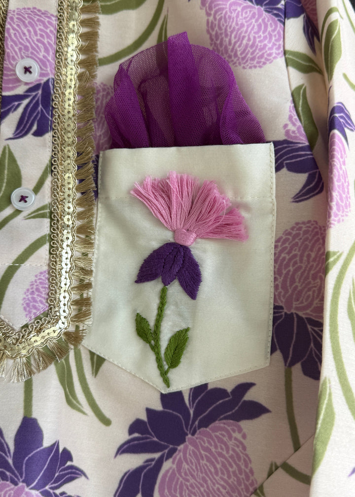 Off White Purple Floral Printed Cowl Kurta With Pyjama Set