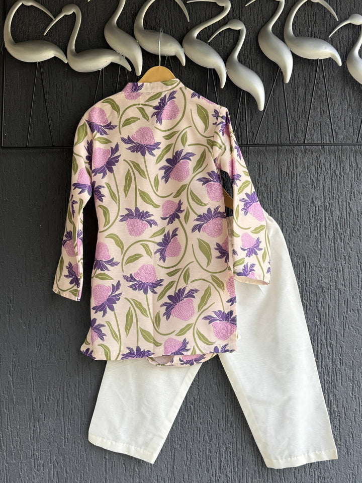 Off White Purple Floral Printed Cowl Kurta With Pyjama Set