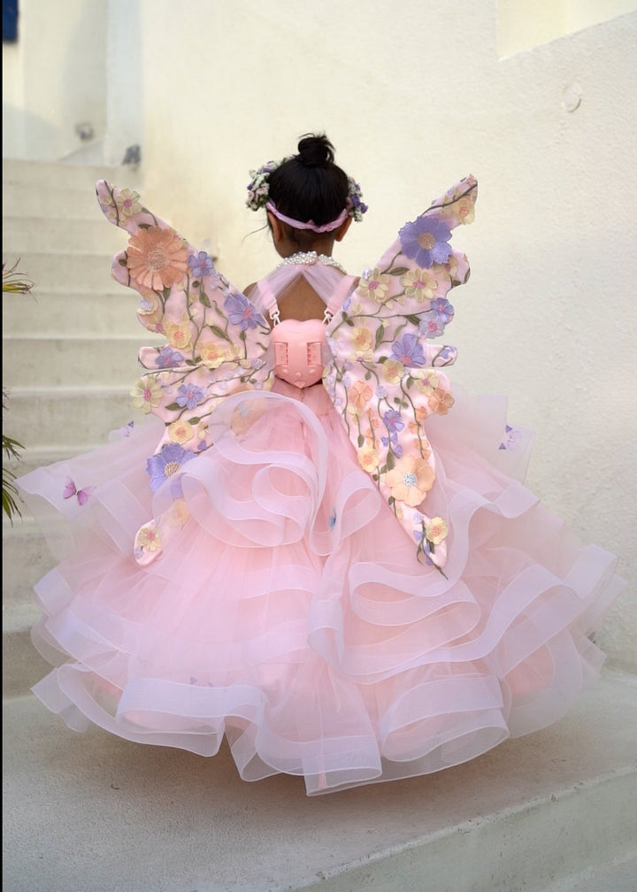 Peach Pearl Embellished Butterfly 3D Flower Net Sleeveless Wings Gown