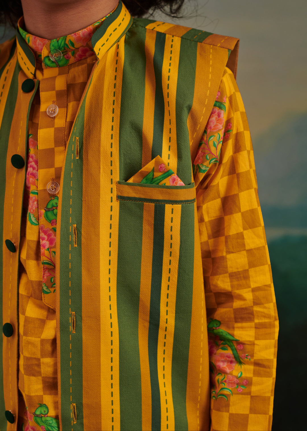 Green Cotton Stripes Printed Jacket And Yellow Floral Check Kurta With Pyjama Set