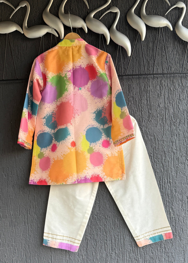 Multicolor Splash Printed kurta With Off White Pyjama set