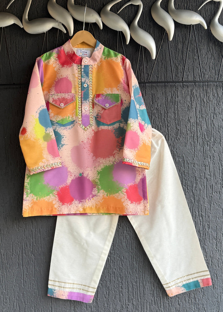Multicolor Splash Printed kurta With Off White Pyjama set