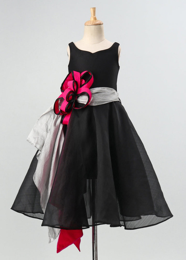 Black organza drape flower flared gown