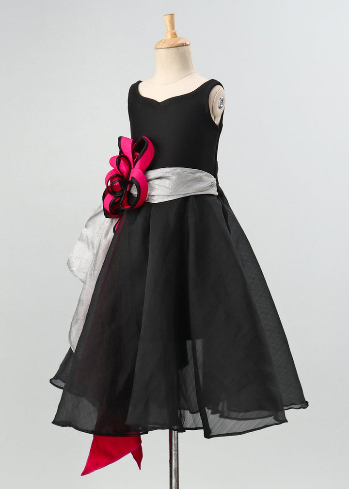 Black organza drape flower flared gown
