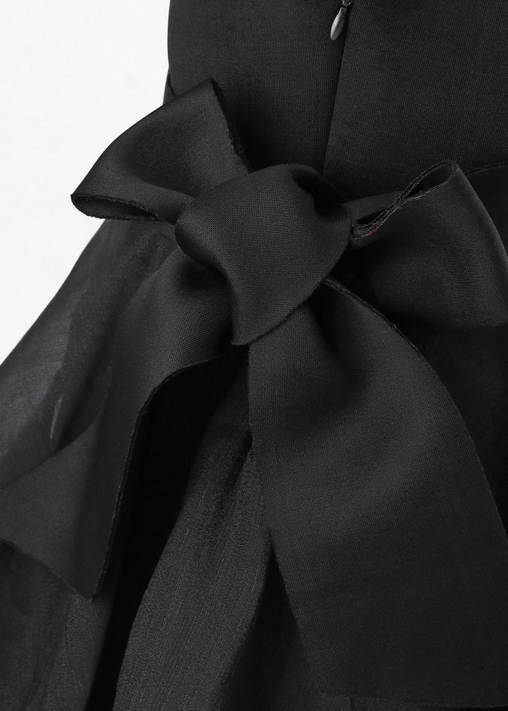 Black organza drape flower flared gown