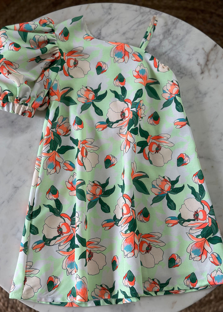 Orange and Light Green Floral One Shoulder Dress