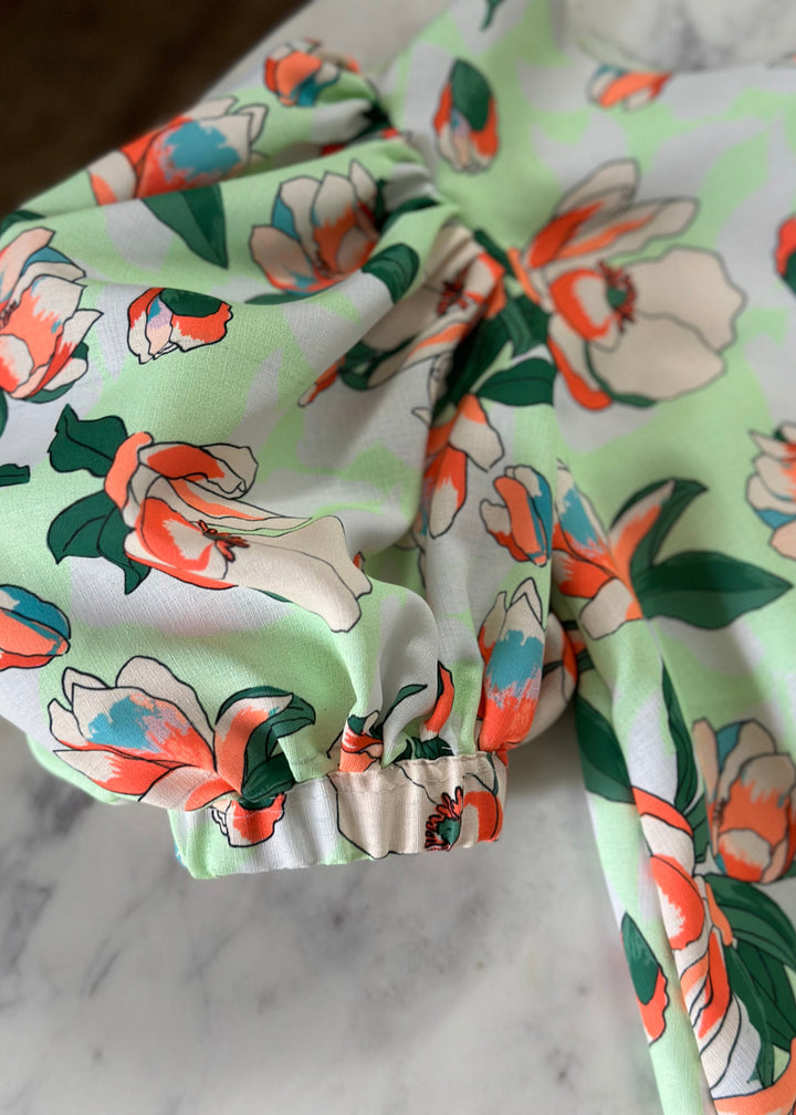 Orange and Light Green Floral One Shoulder Dress