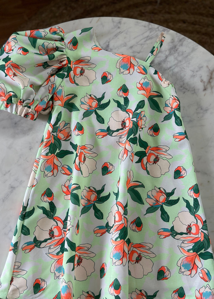 Orange and Light Green Floral One Shoulder Dress
