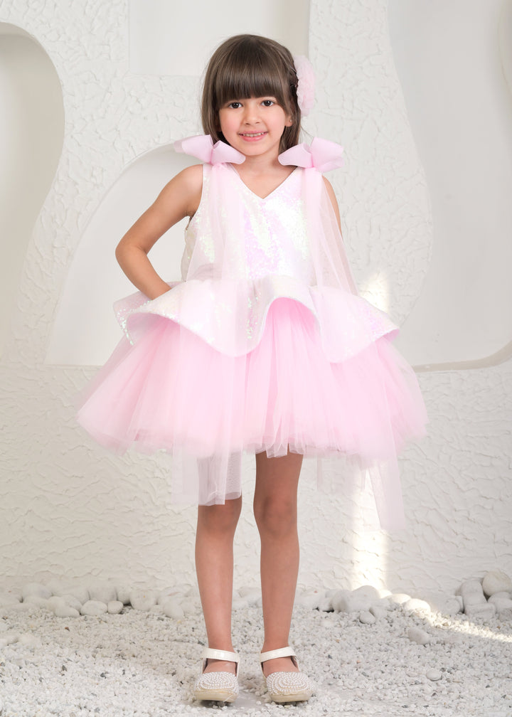 Pink And White Net Sequined Back Bow Tulle Dress