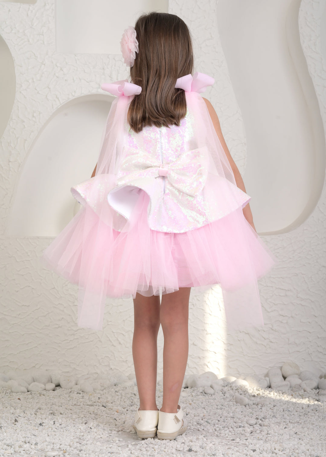 Pink And White Net Sequined Back Bow Tulle Dress