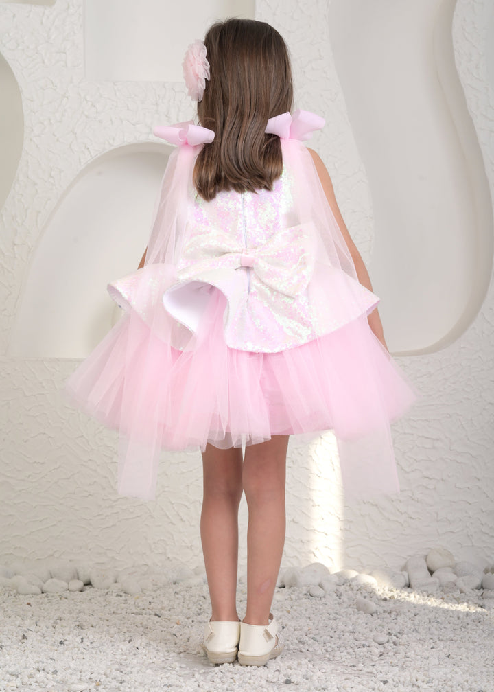 Pink And White Net Sequined Back Bow Tulle Dress