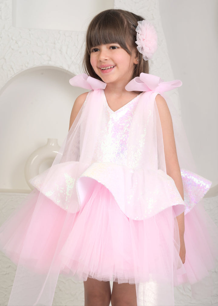 Pink And White Net Sequined Back Bow Tulle Dress