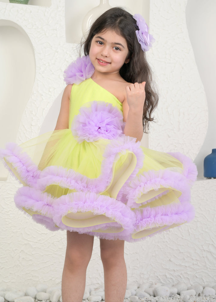 Lime And Lavender Net One shoulder Dress