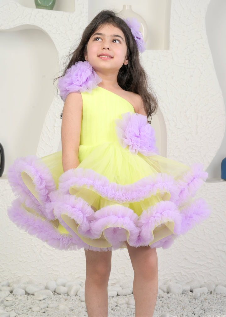 Lime And Lavender Net One shoulder Dress