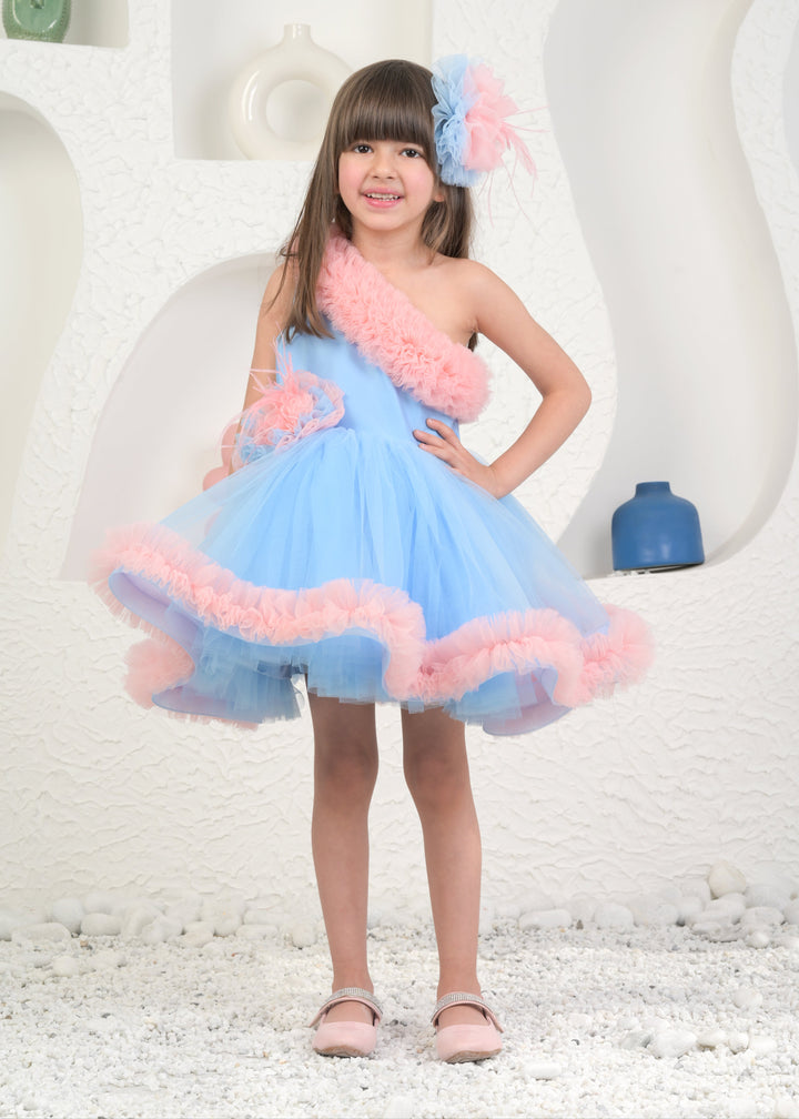 Amara Peach And Blue Net One shoulder Dress