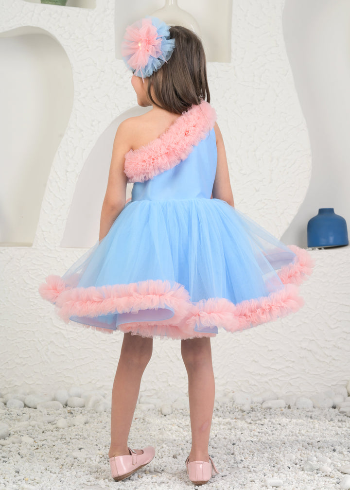 Amara Peach And Blue Net One shoulder Dress