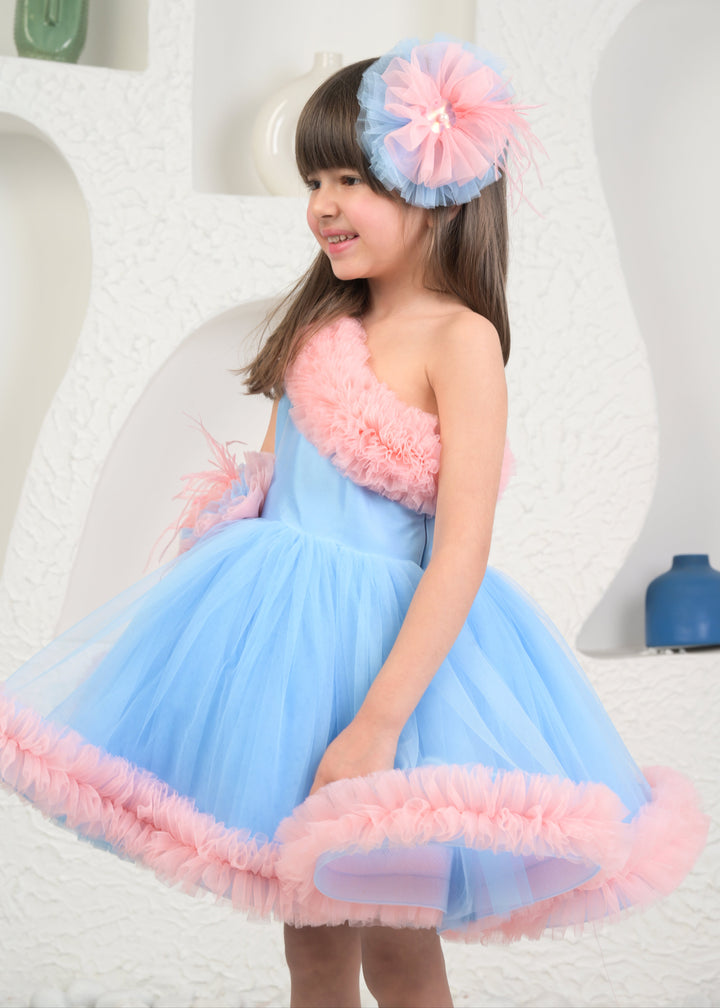 Amara Peach And Blue Net One shoulder Dress