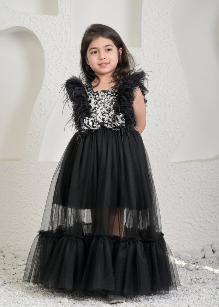Black Silver Net Sequins Princess Gown